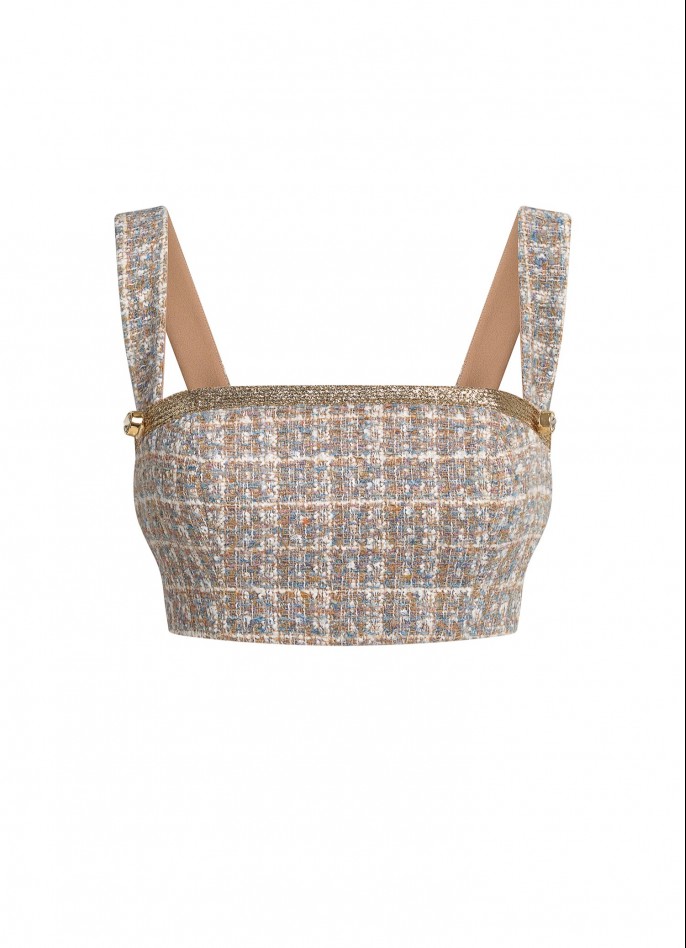 LIGHT BLUE GOLD-TRIM BOUCLÉ CROP TOP